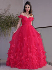 A-Line/Elegant Tulle Hand-Made Flower Off-the-Shoulder Sleeveless Floor-Length Prom Dresses