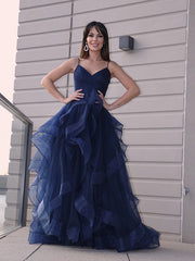 A-Line/Elegant Tulle Layers V-neck Sleeveless Floor-Length Prom Dresses