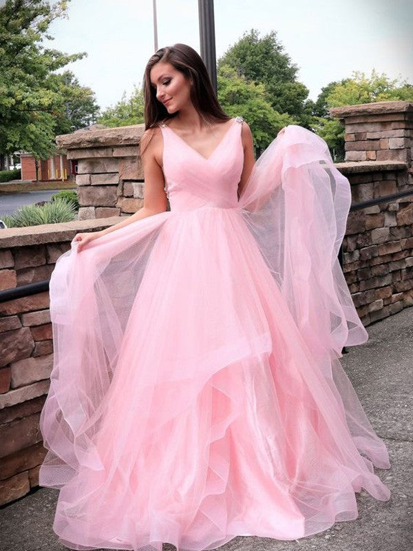 A-Line/Elegant Tulle Ruched Sleeveless V-neck Prom Dresses