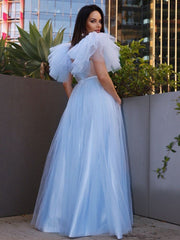 A-Line/Elegant Tulle Ruffles Square Short Sleeves Floor-Length Prom Dresses