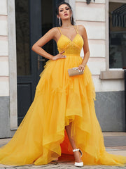 A-Line/Elegant Tulle Ruffles V-neck Sleeveless Asymmetrical Prom Dresses