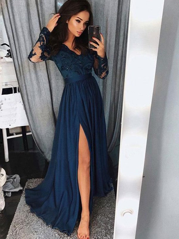 A-Line/Elegant V-neck Long Sleeves Applique Ruched Satin Chiffon Prom Dresses