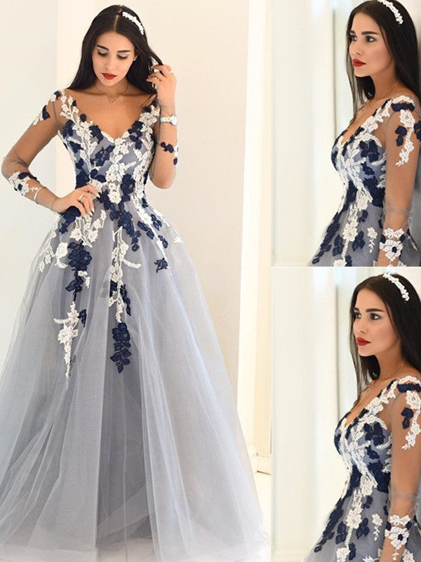 A-Line/Elegant V-Neck Long Sleeves Applique Tulle Floor-Length Prom Dresses