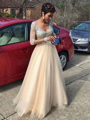 A-Line/Elegant V-Neck Long Sleeves Beading Floor-Length Tulle Prom Dresses