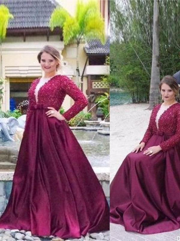 A-Line/Elegant V-neck Long Sleeves Beading Satin Plus Size Prom Dresses