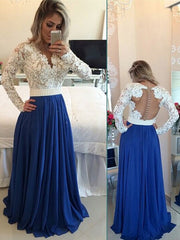 A-Line/Elegant V-neck Long Sleeves Chiffon Floor-Length Pearl Prom Dresses