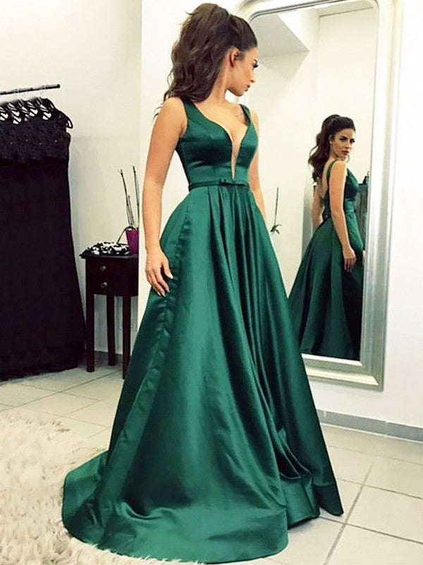 A-Line/Elegant V-neck Ruffles Satin Prom Dresses