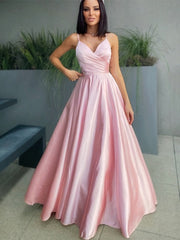 A-Line/Elegant V-neck Satin Ruched Sleeveless Floor-Length Prom Dresses