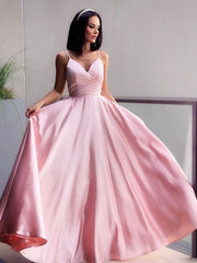 A-Line/Elegant V-neck Satin Ruched Sleeveless Floor-Length Prom Dresses