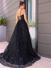 A-Line/Elegant V-neck Sequins Sleeveless Sequin Prom Dresses