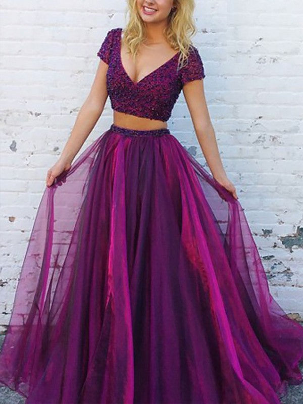 A-Line/Elegant V-Neck Short Sleeves Floor-Length Beading Tulle Two Piece Prom Dresses