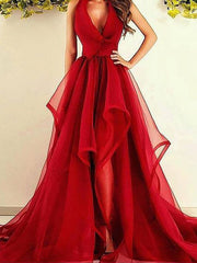 A-Line/Elegant V-Neck Sleeveless Asymmetrical Ruffles Organza Prom Dresses