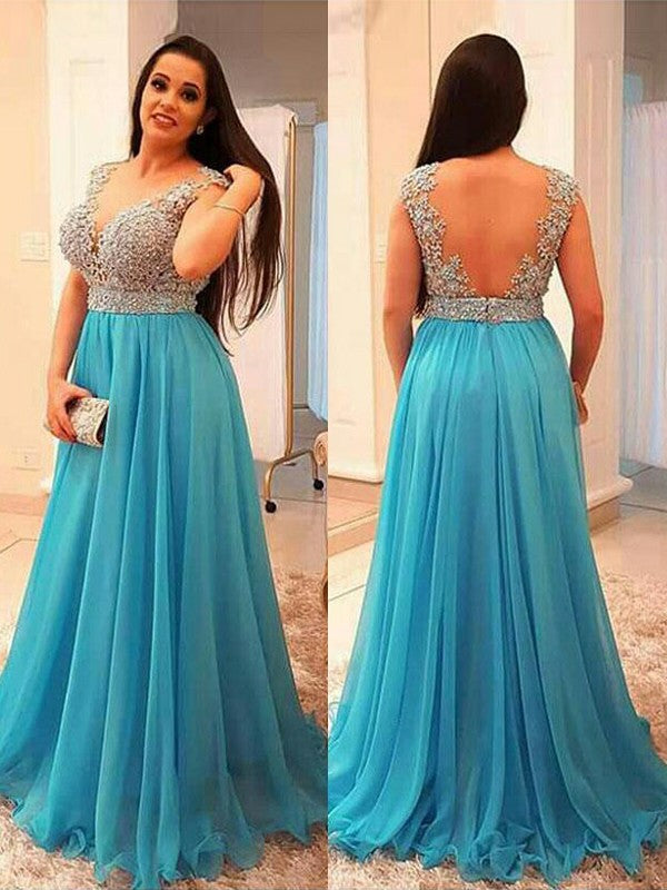 A-Line/Elegant V-neck Sleeveless Beading Floor-Length Chiffon Plus Size Prom Dresses