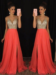 A-Line/Elegant V-neck Sleeveless Beading Floor-Length Chiffon Prom Dresses