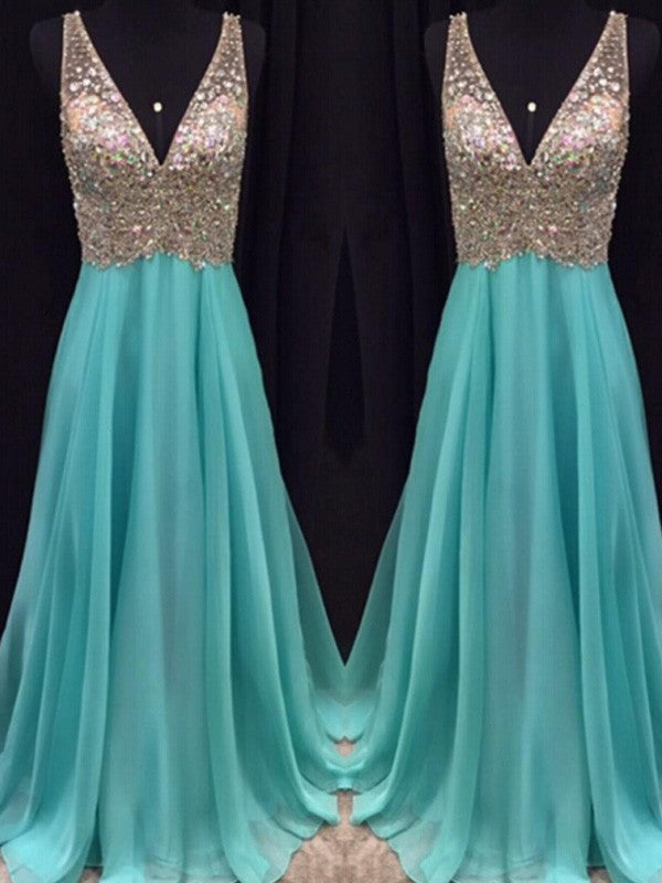 A-Line/Elegant V-neck Sleeveless Beading Floor-Length Chiffon Prom Dresses