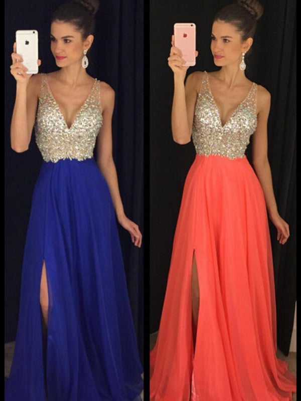 A-Line/Elegant V-neck Sleeveless Beading Floor-Length Chiffon Prom Dresses