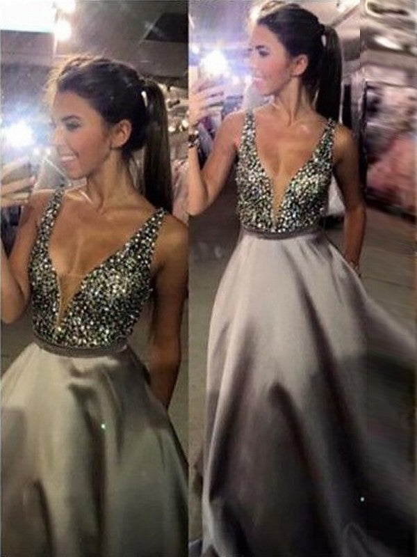 A-Line/Elegant V-Neck Sleeveless Beading Satin Prom Dresses