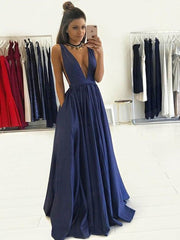 A-Line/Elegant V-neck Sleeveless Floor-Length Taffeta Prom Dresses