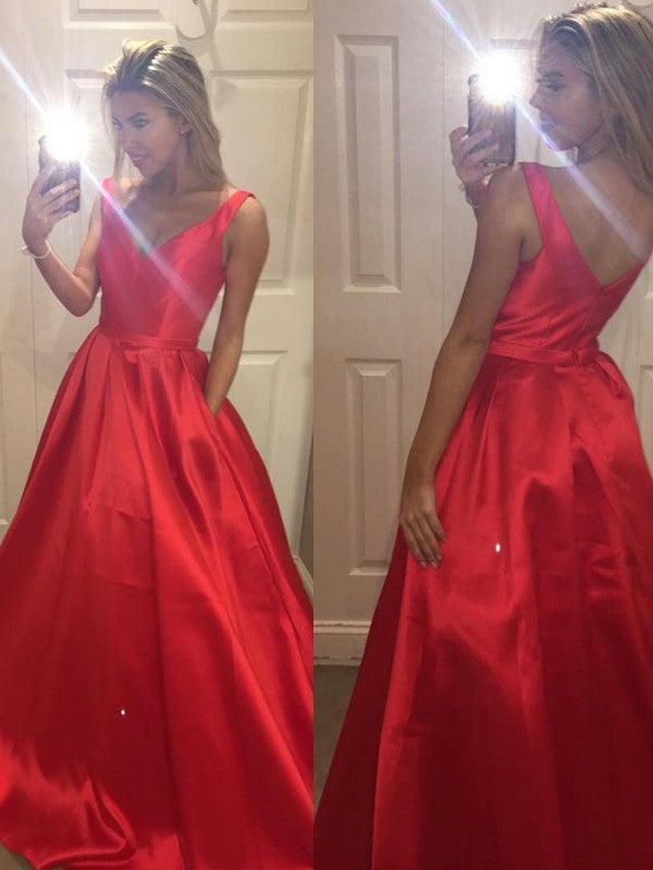 A-Line/Elegant V-Neck Sleeveless Satin Prom Dresses