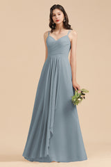 Affordable V-Neck Ruffle Dusty Blue Chiffon Bridesmaid Dresses-misshow.com