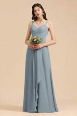 Affordable V-Neck Ruffle Dusty Blue Chiffon Bridesmaid Dresses-misshow.com