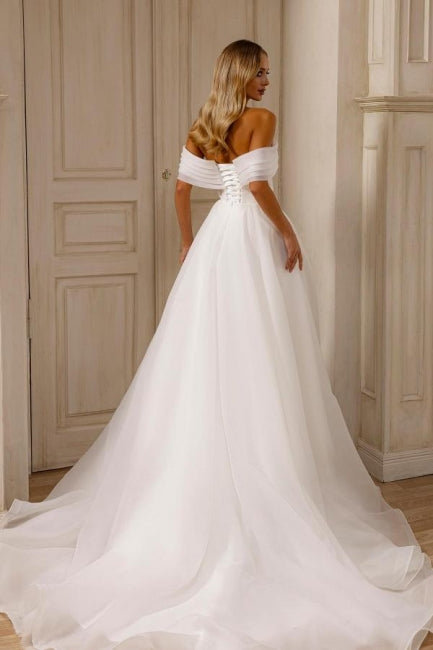 Amazing A-Line Chiffon Tulle Off-The-Shoulder Sleeveless White Wedding Dress With Split Front