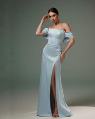 Amazing A-Line Satin Off-The-Shoulder Sleeveless Prom Dresses With Split Front