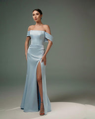 Amazing A-Line Satin Off-The-Shoulder Sleeveless Prom Dresses With Split Front