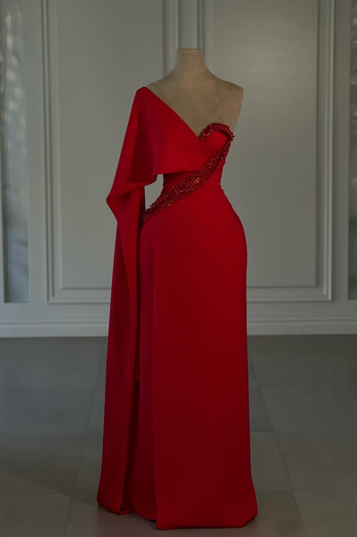 Amazing Column Chiffon One Shoulder Cap Sleeve Red Prom Dress With Rhinestone