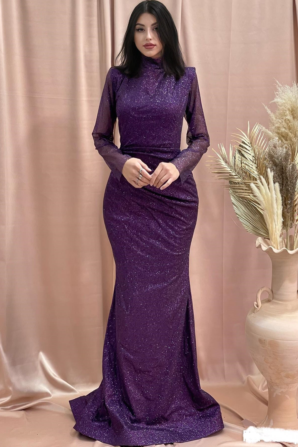 amazing column high neck long sleeve sequined satin prom dresses