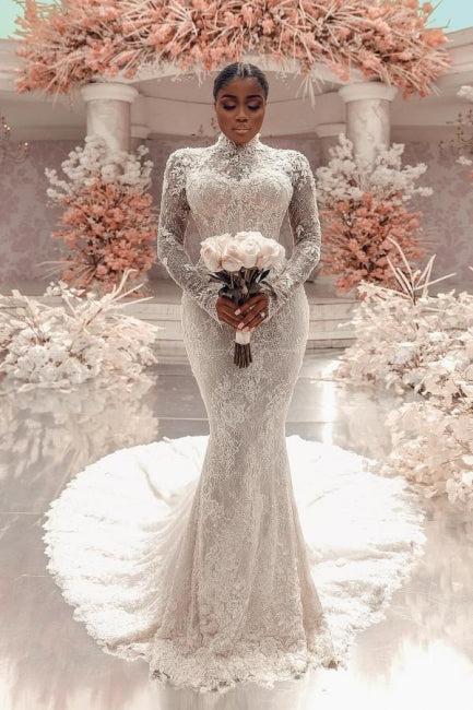 Amazing Column Lace High Neck Long Sleeve White Long Wedding Dress With Appliques Train