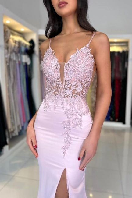 Amazing Column Satin Lace V-Neck Sleeveless Prom Dresses With Split Front