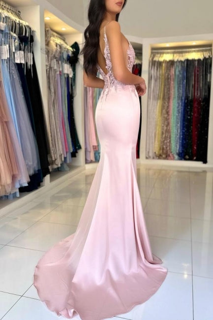 Amazing Column Satin Lace V-Neck Sleeveless Prom Dresses With Split Front