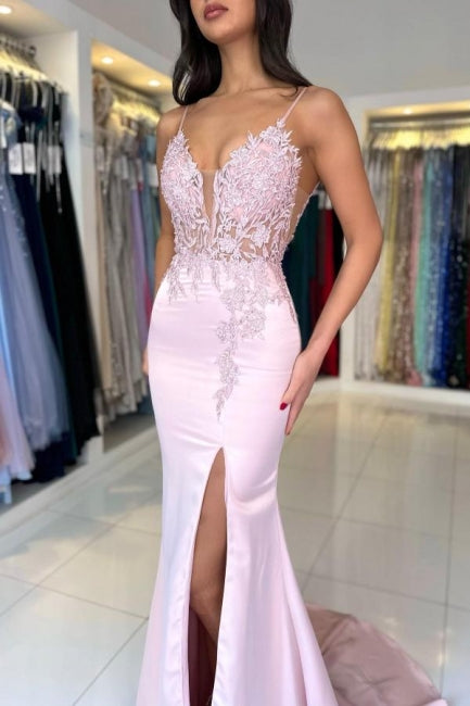 Amazing Column Satin Lace V-Neck Sleeveless Prom Dresses With Split Front