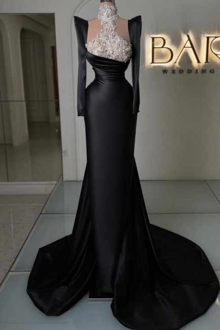 Amazing Column Satin Long Sleeve Black Prom Dresses With Rhinestone Train