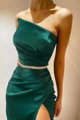 Amazing Column Satin Sleeveless Prom Dress With Ruffles Split