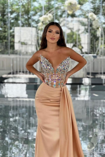 Amazing Column Satin V-Neck Sleeveless Prom Dress With Beading