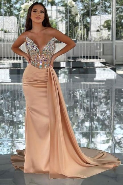 Amazing Column Satin V-Neck Sleeveless Prom Dress With Beading