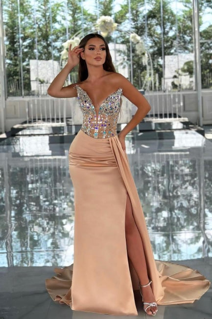 Amazing Column Satin V-Neck Sleeveless Prom Dress With Beading