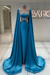 Amazing Long Blue Satin Rhinestones Prom Dress Designer Evening Dress