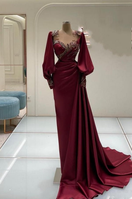 Amazing Long Burgundy Mermaid Beading Lace Prom Dresses with Long Sleeves