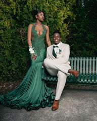 Amazing Long Dark Green Mermaid Sleeveless Beading Prom Dress With Lace-misshow.com