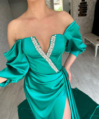 Amazing Long Green A-line Off-the-shoulder Prom Dress With Slit-misshow.com