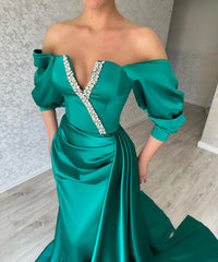 Amazing Long Green A-line Off-the-shoulder Prom Dress With Slit-misshow.com