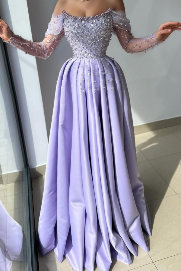 Amazing Long Lilac A-line Off-the-shoulder Rhinestones Satin Pearls Prom Dress