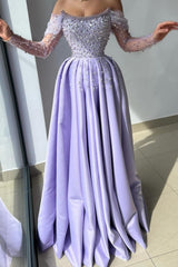 Amazing Long Lilac A-line Off-the-shoulder Rhinestones Satin Pearls Prom Dress