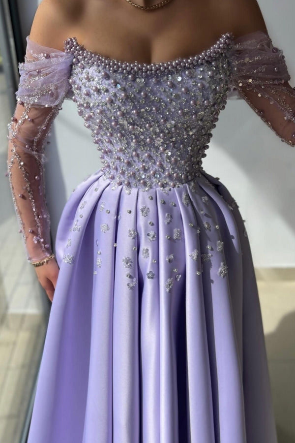 Amazing Long Lilac A-line Off-the-shoulder Rhinestones Satin Pearls Prom Dress