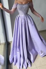 Amazing Long Lilac A-line Off-the-shoulder Rhinestones Satin Pearls Prom Dress