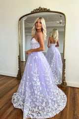 Amazing Long Lilac A-line Sweetheart Strapless Prom Dress With Lace-misshow.com