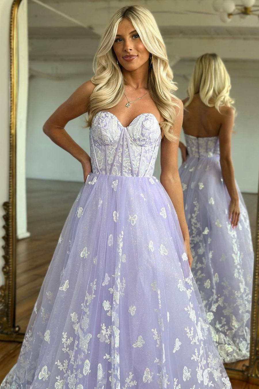 Amazing Long Lilac A-line Sweetheart Strapless Prom Dress With Lace-misshow.com